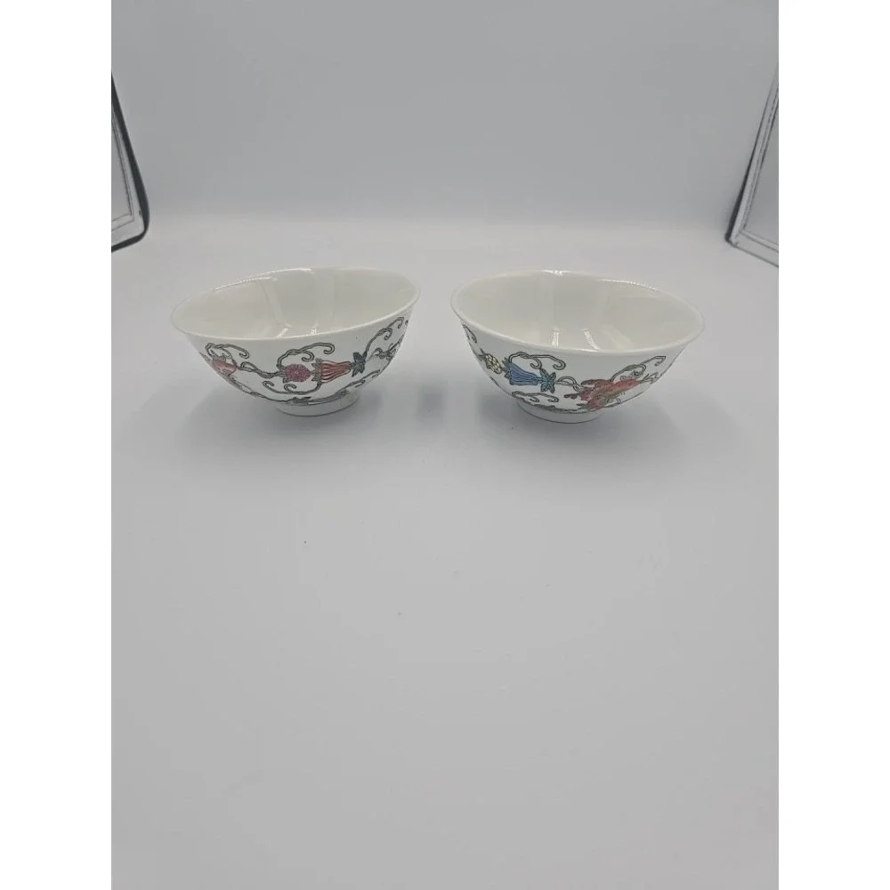 Vintage Chinese Porcelain Bowls Hand Painted Butterfly Squash Blossom‎ Set/2